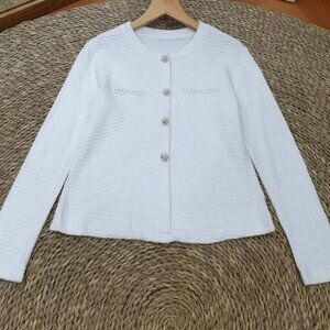 White Textured Knit Crystal Rhinestone Button Cardigan